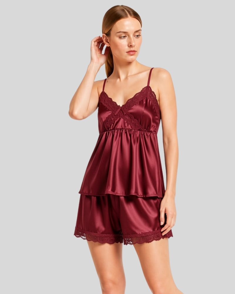 Ruby Maroon Satin Lace Cami Short Set
