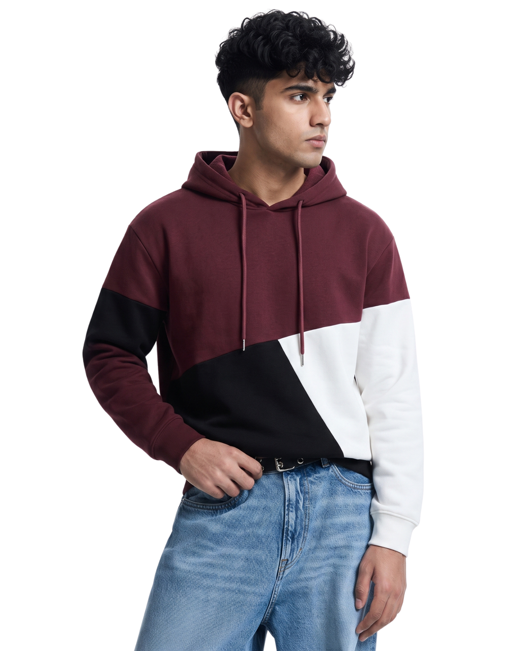 Maroon Black and White Cut and Sew Kangaroo Hoodie