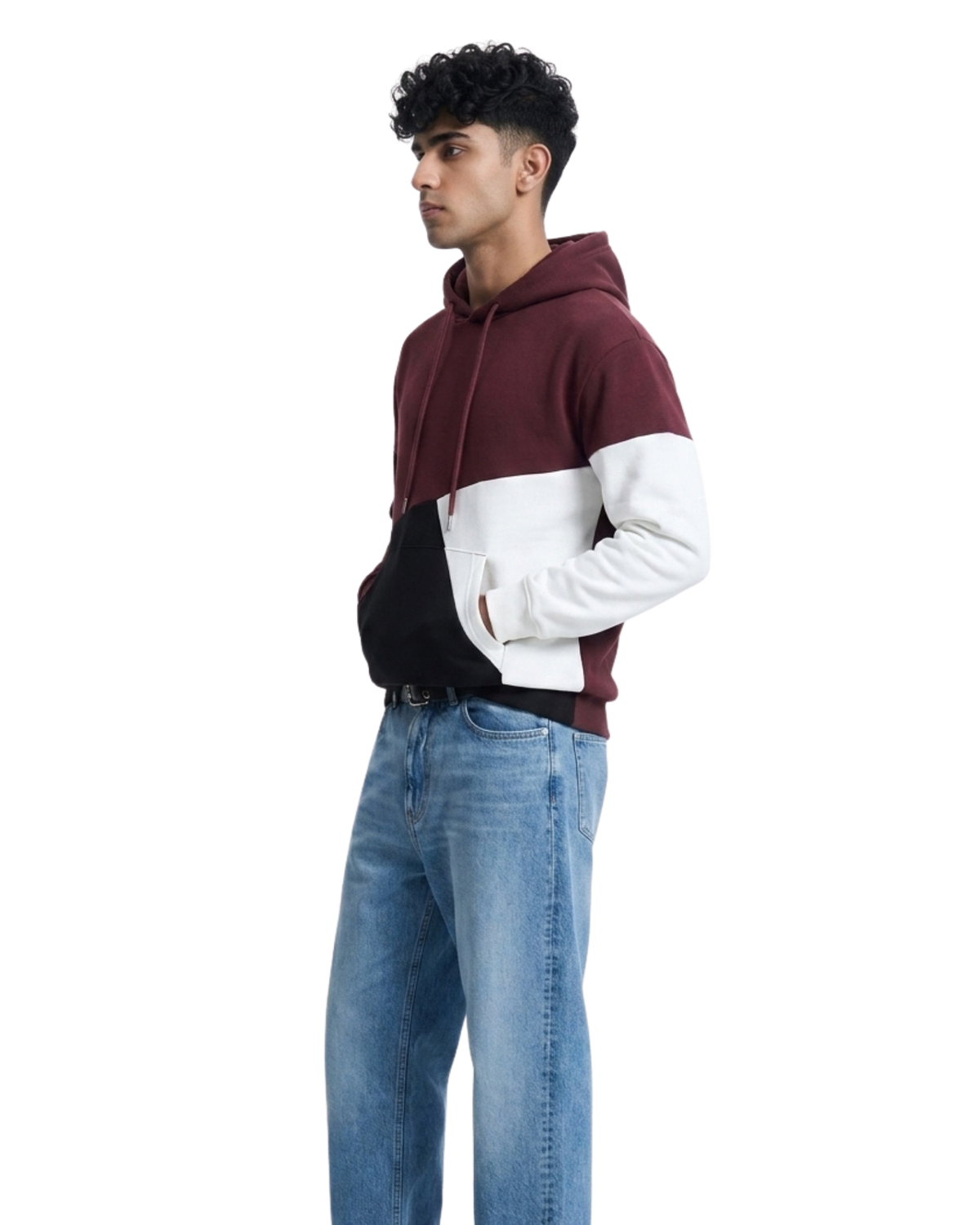 Maroon Black and White Cut and Sew Kangaroo Hoodie