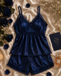 Navy Blue Satin Lace Cami Short Set