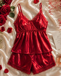 Scarlet Red Satin Lace Cami Short Set