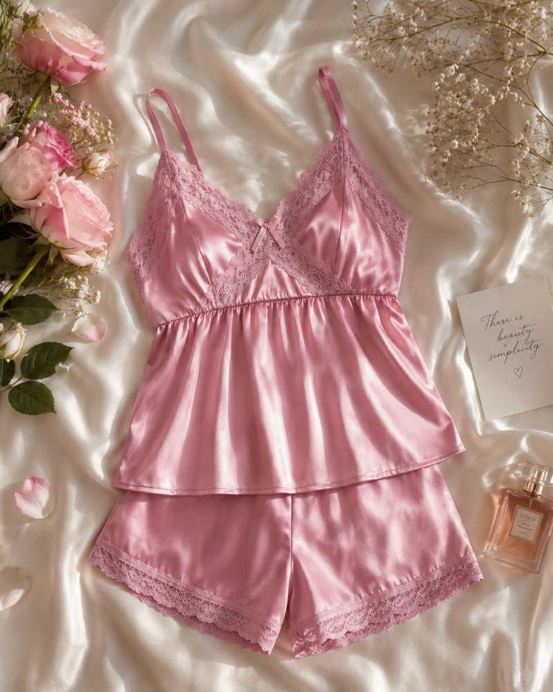 Blush Pink Satin Lace Cami Short Set