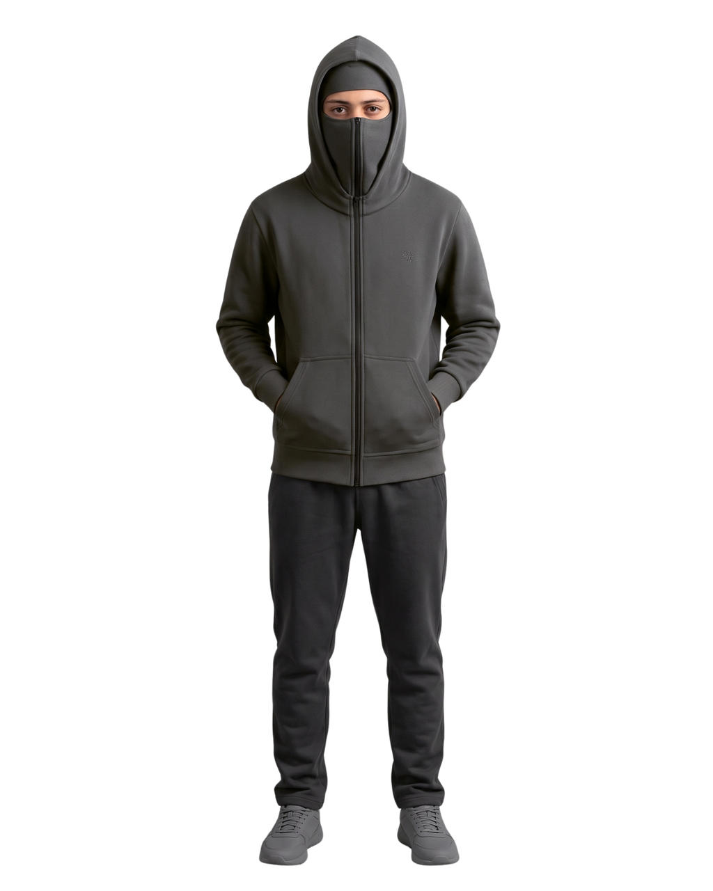 Plain Grey Balaclava Ninja Zipper Hoodie Jacket