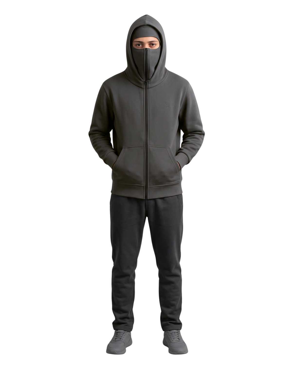 Plain Grey Balaclava Ninja Zipper Hoodie Jacket