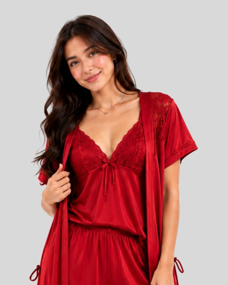 Ruby Red 5-Piece Satin Silk Set