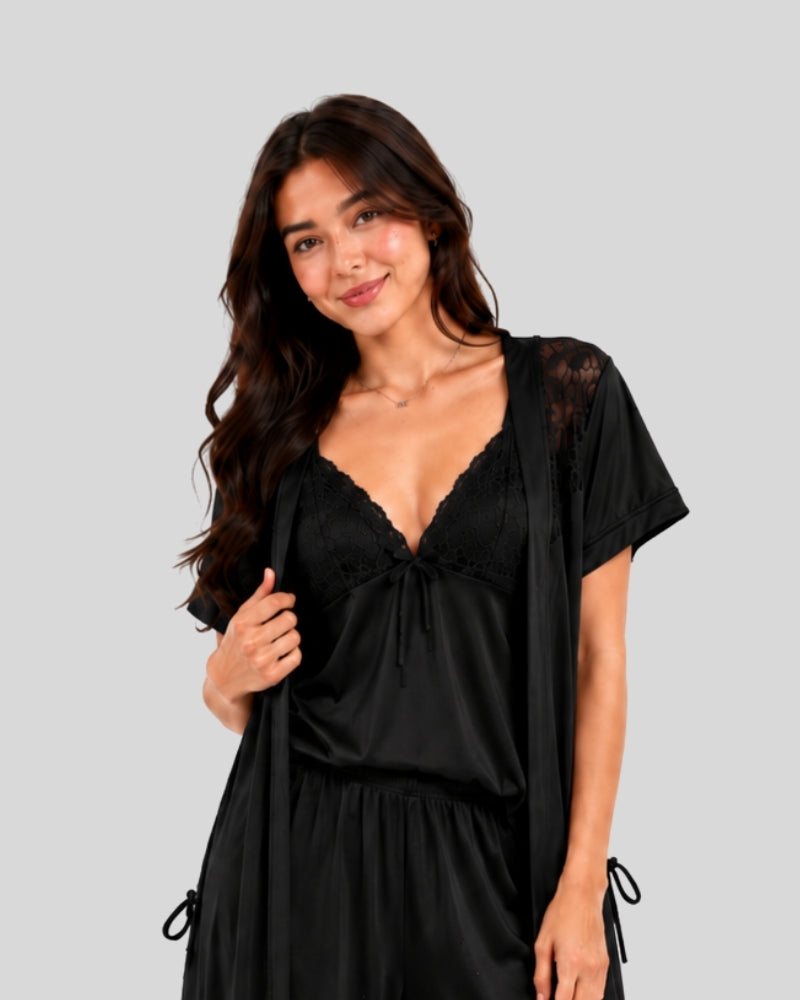 Midnight Black 5-Piece Satin Silk Set
