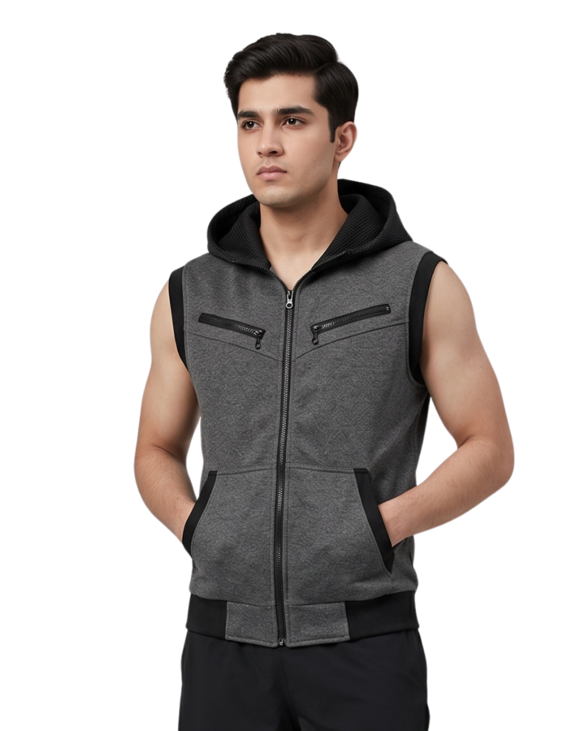 Charcoal Sleeveless Hooded Zipper
