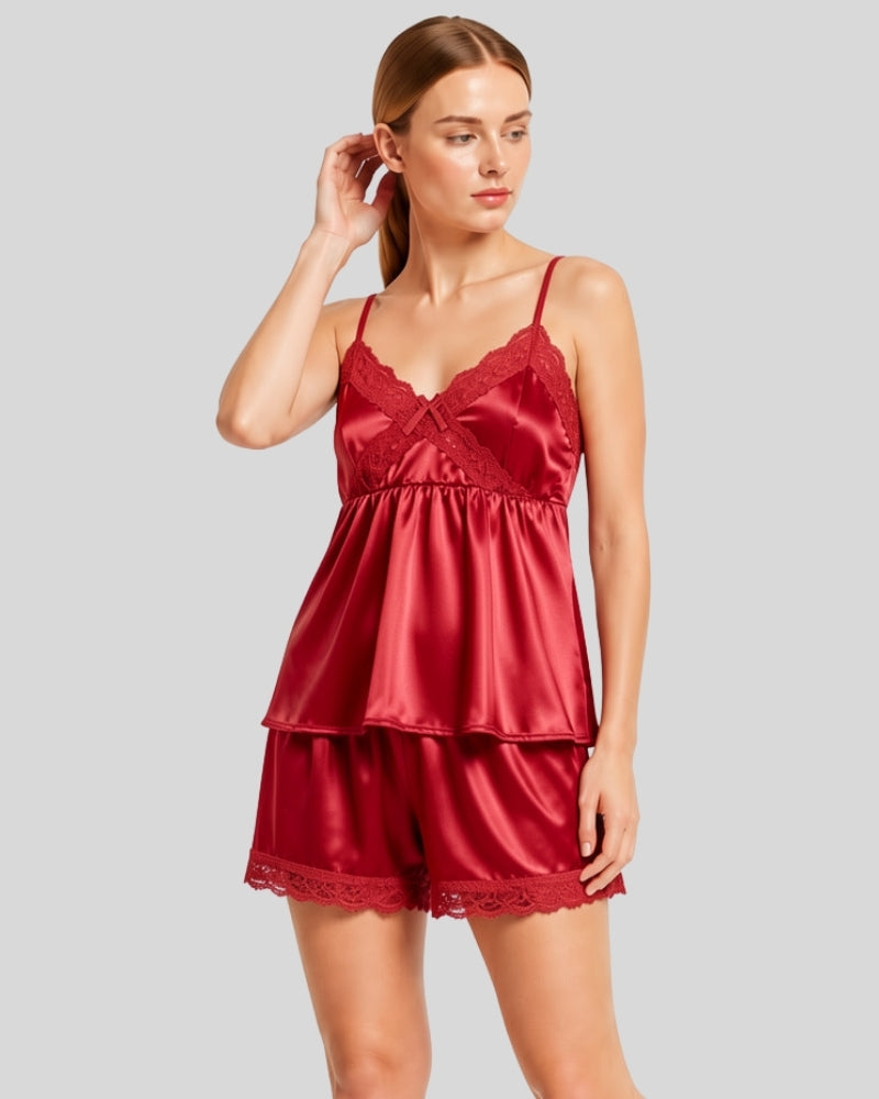 Scarlet Red Satin Lace Cami Short Set