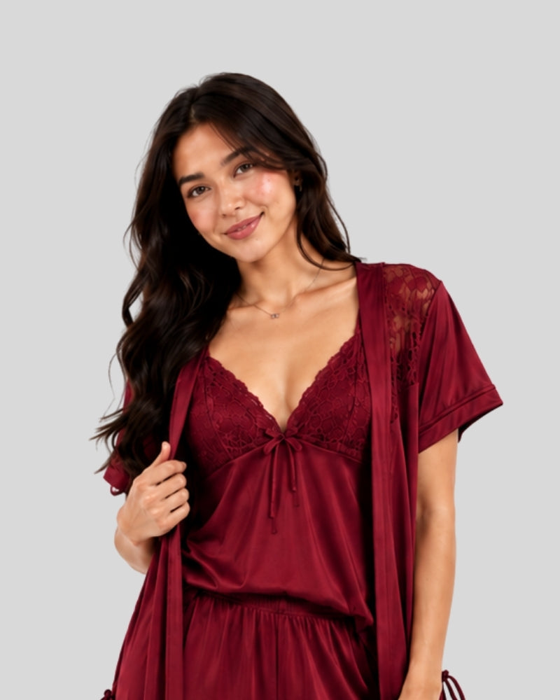 Maroon Satin 5-Piece Silk Set