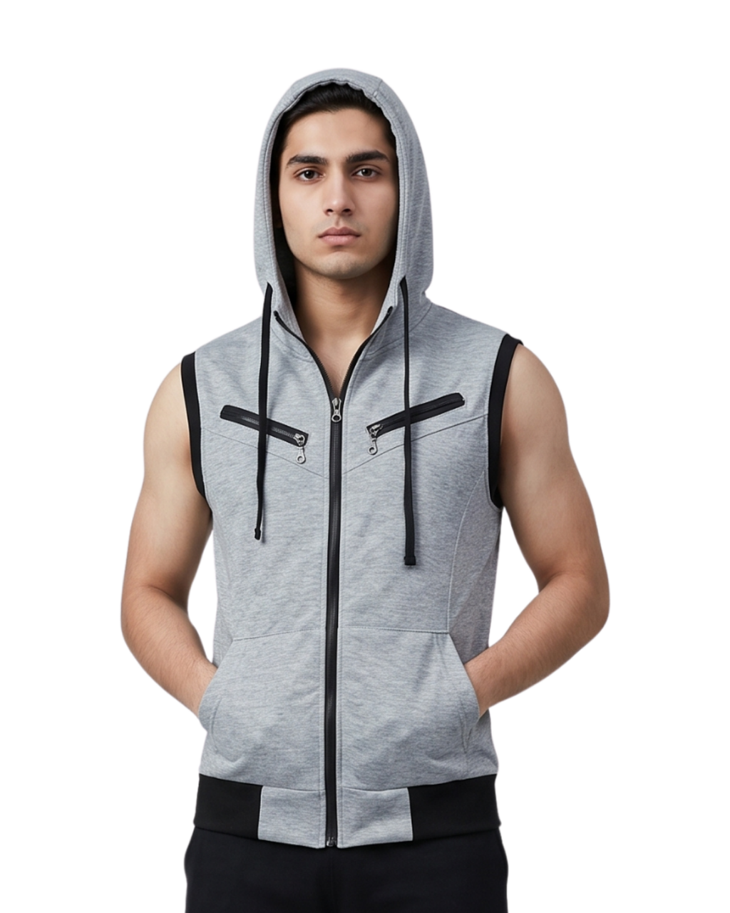 Grey Sleeveless Hooded Zipper