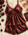 Ruby Maroon Satin Lace Cami Short Set