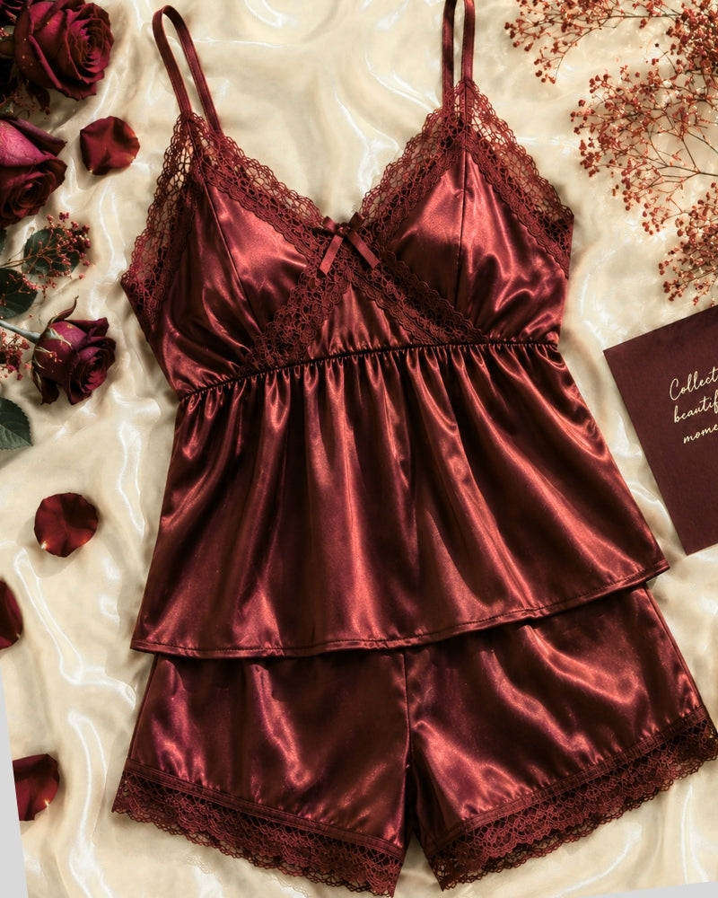 Ruby Maroon Satin Lace Cami Short Set