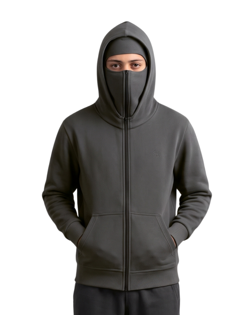 Plain Grey Balaclava Ninja Zipper Hoodie Jacket