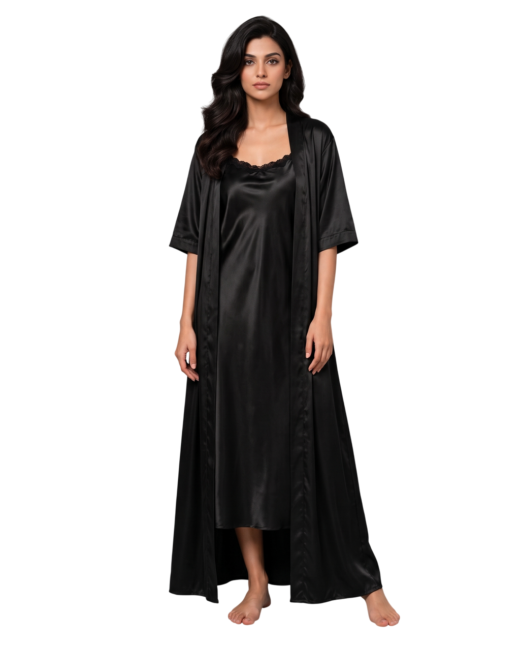 Black Satin Night Gown with Robe Set