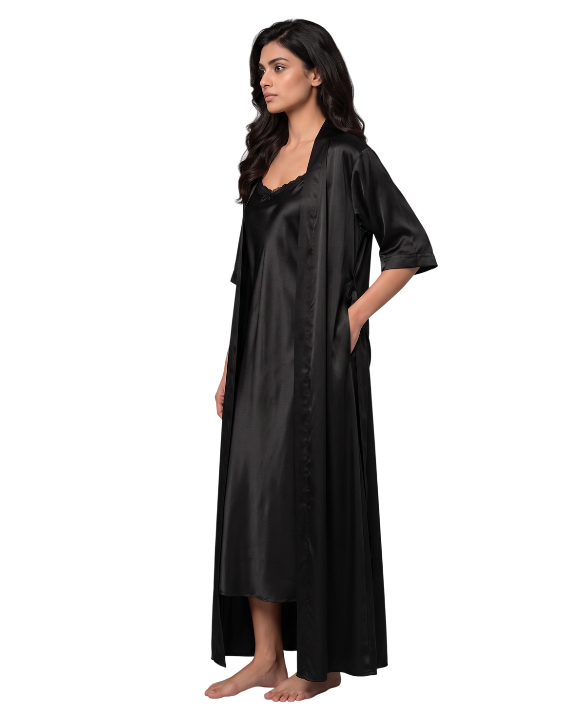Black Satin Night Gown with Robe Set