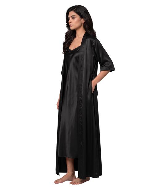 Black Satin Night Gown with Robe Set