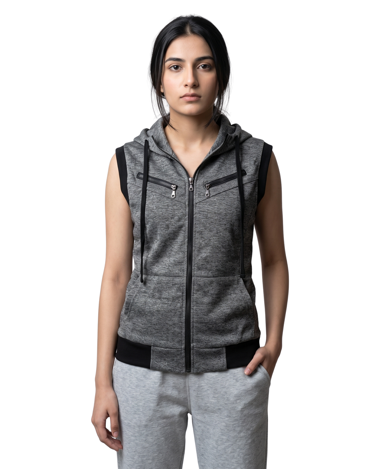 Charcoal Sleeveless Hooded Zipper