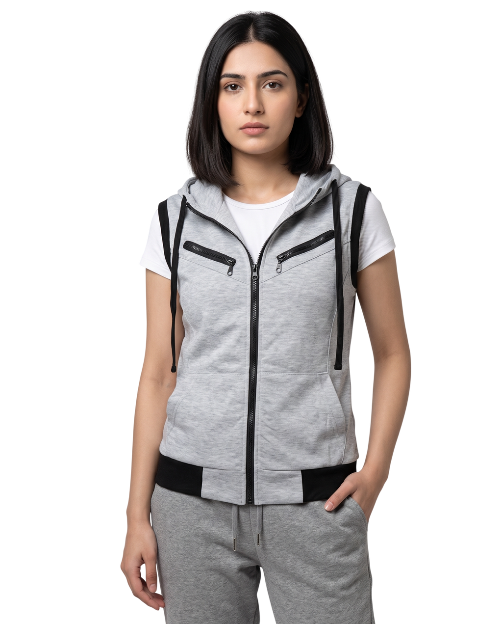 Grey Sleeveless Hooded Zipper