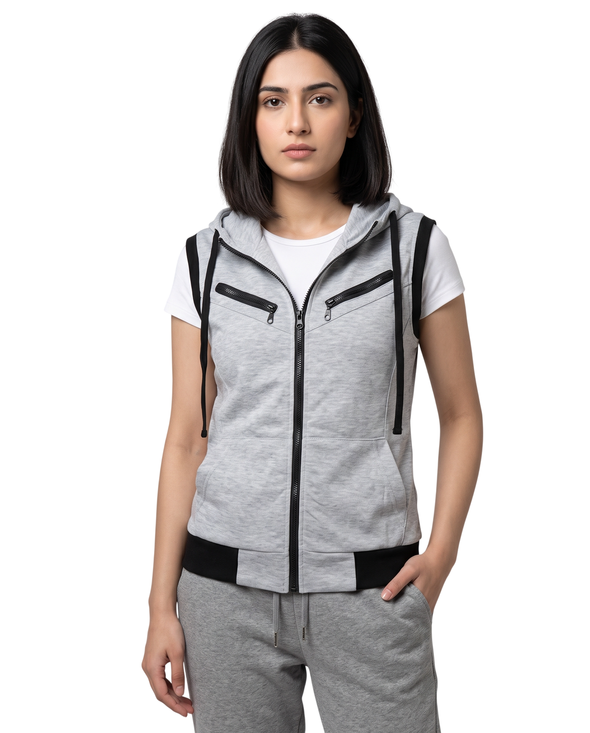 Grey Sleeveless Hooded Zipper