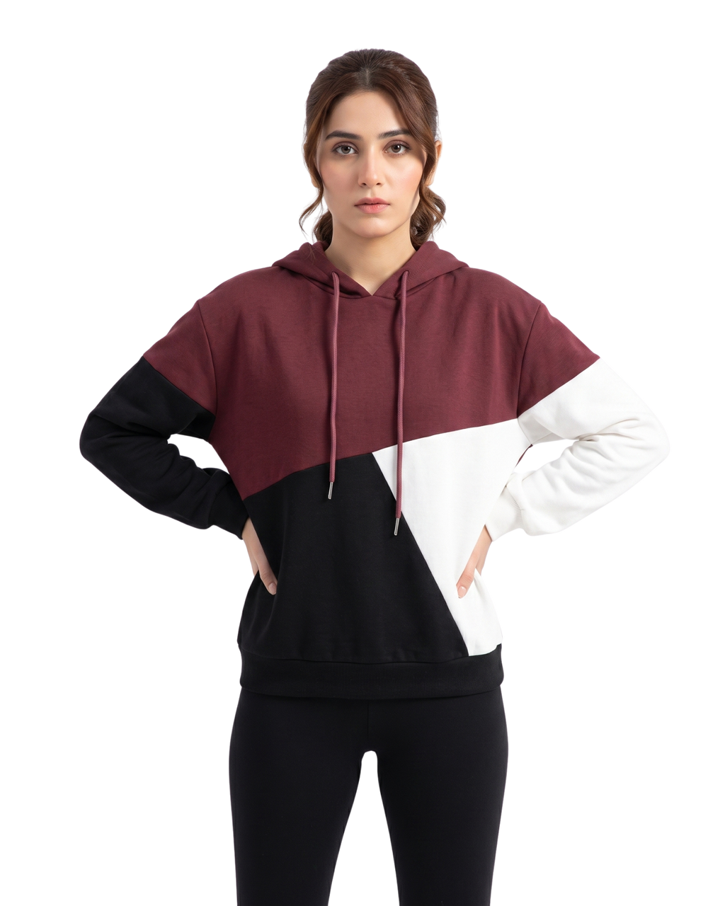 Maroon Black and White Cut and Sew Kangaroo Hoodie
