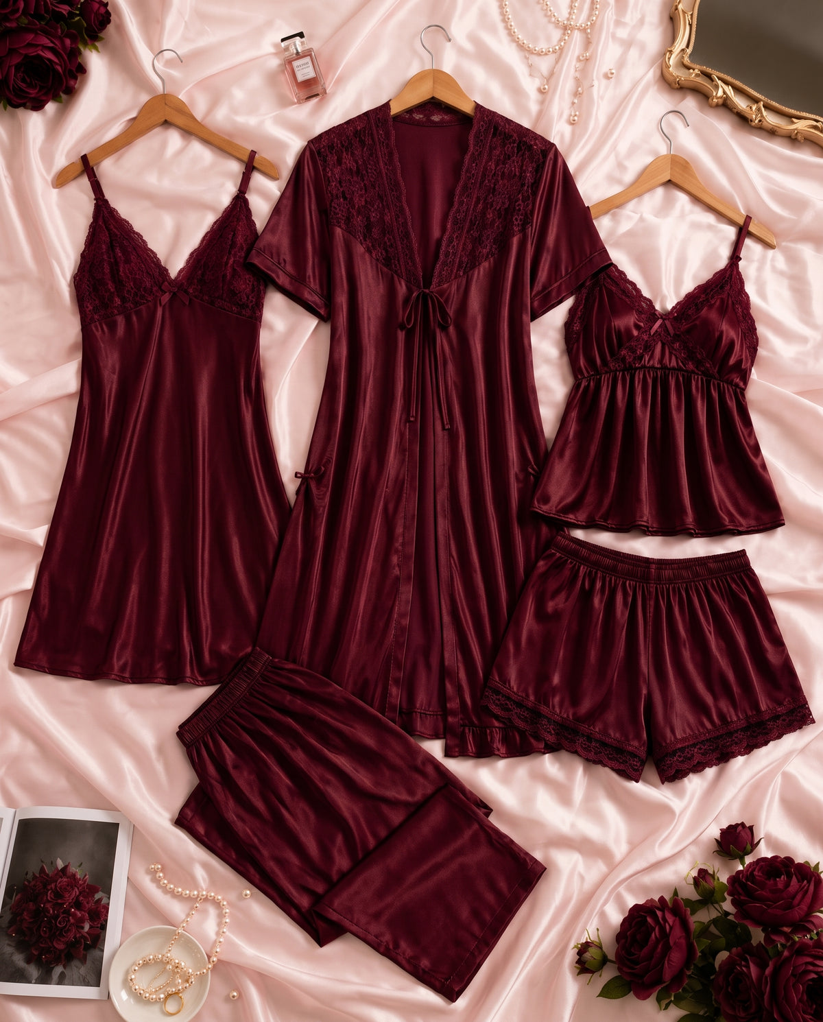 Maroon Satin 5-Piece Silk Set