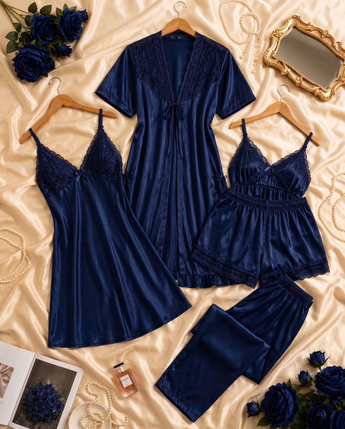 Navy Blue 5-Piece Silk Set