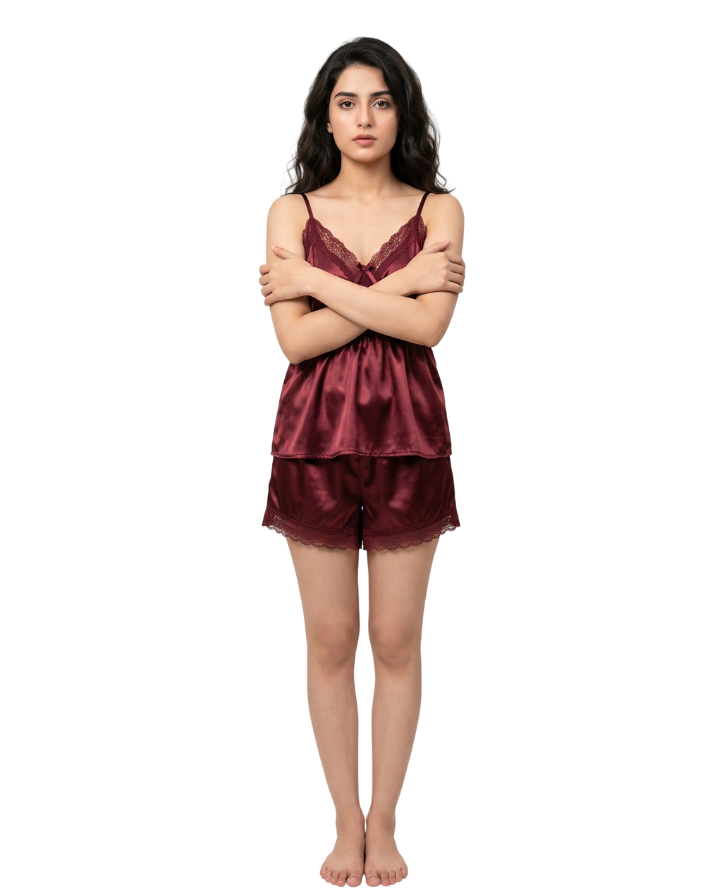 Ruby Maroon Satin Lace Cami Short Set
