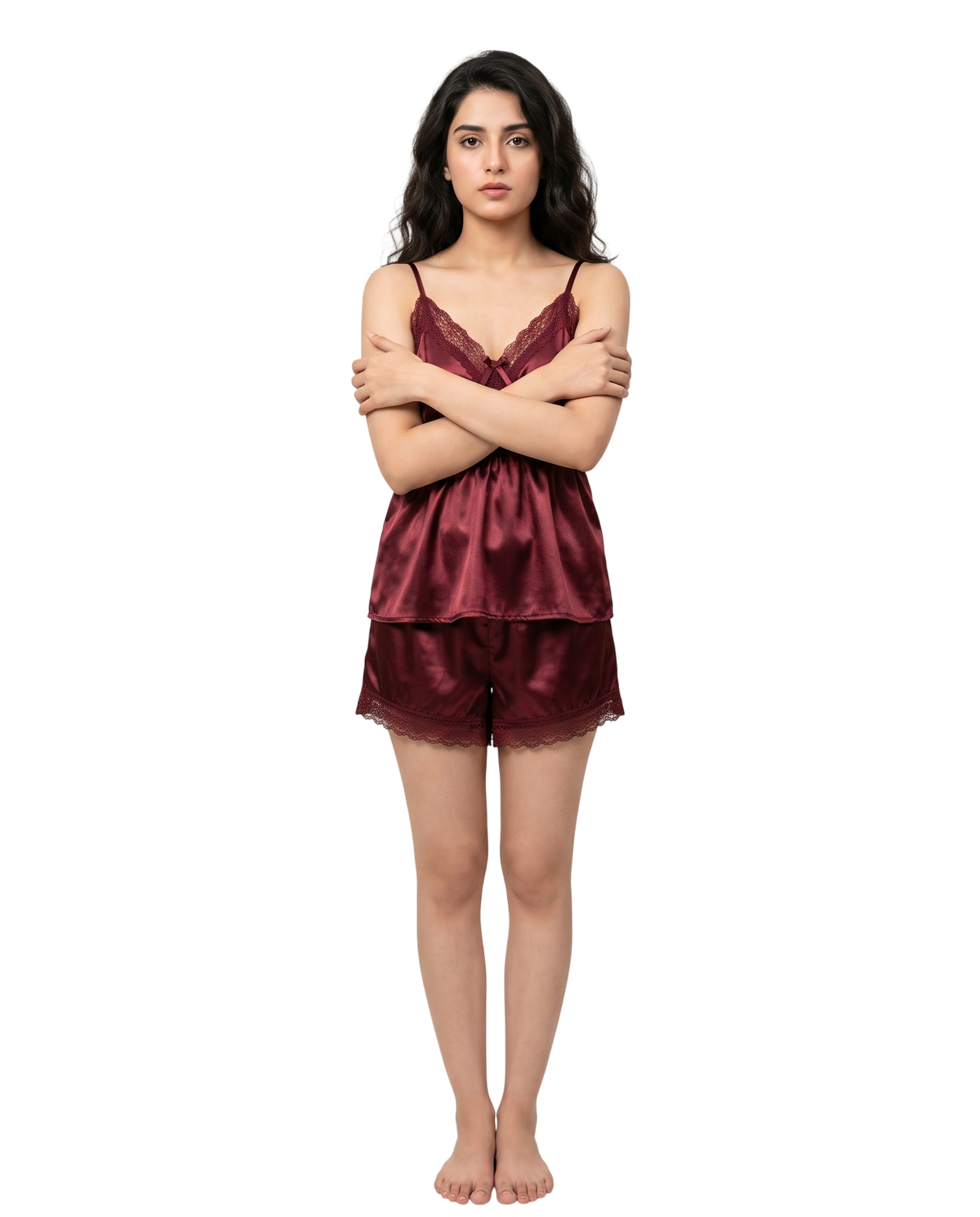Ruby Maroon Satin Lace Cami Short Set