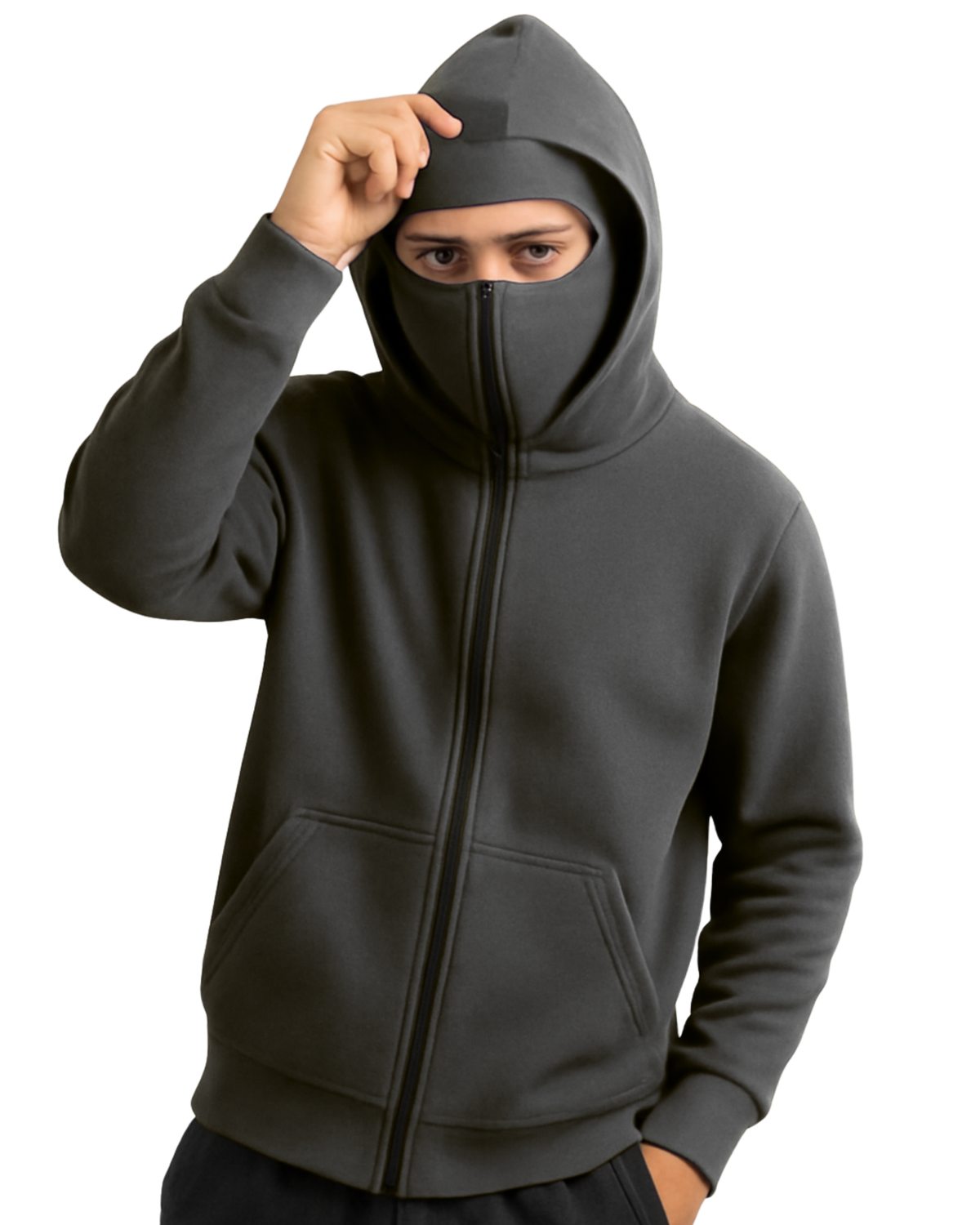 Plain Grey Balaclava Ninja Zipper Hoodie Jacket